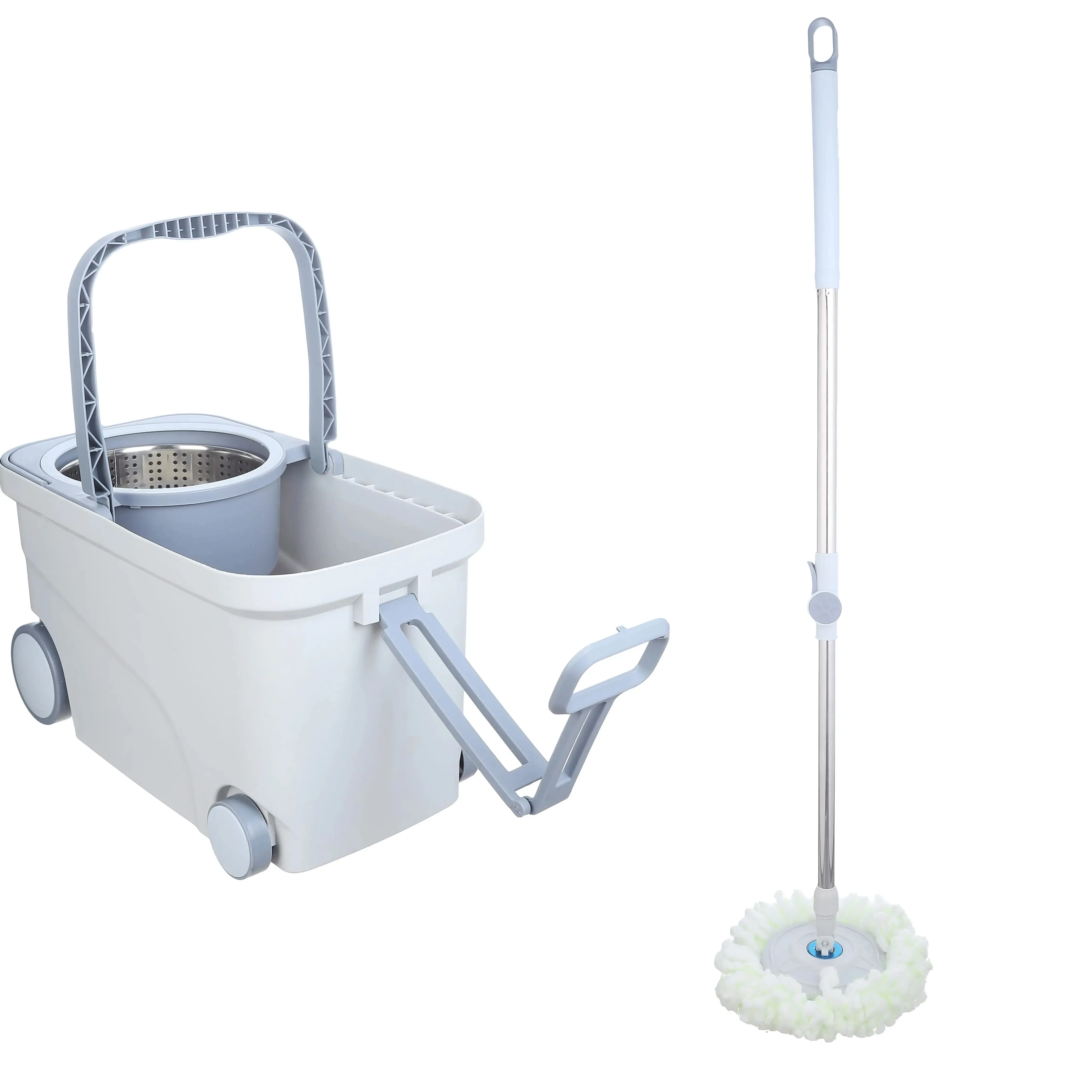 Rotating mop set with wheels and a rust-resistant stainless pull handle (Roller/Wheel Mop Bucket Set - Gray)