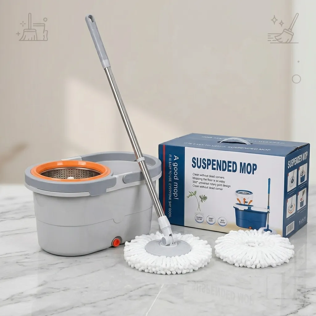 Rotating bucket with rust-resistant stainless steel strainer and microfiber mop handle