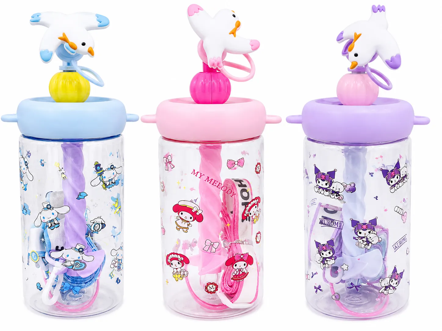 زجاجة مياه كيوت 600 مل بتصميم My Melody & Kuromi – بغطاء مجسم وشفاطة